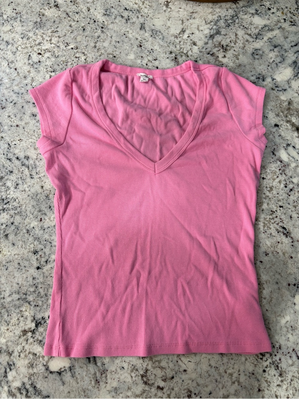 Garage Pink Ribbed V-Neck Short Sleeve Tee Top